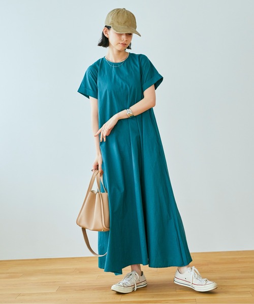 ホコモモラ ロングワンピース マキシ 40 L ブルー グリーン 半袖 フレア ホコモモラ ロングワンピース マキシ 40 L ブルー グリーン 半袖