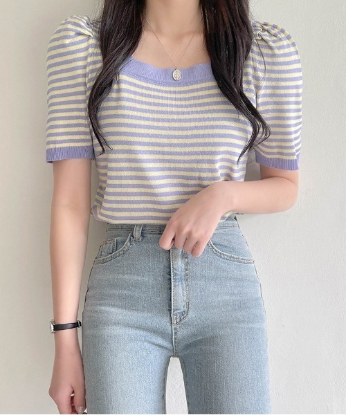 chuu(チュー)の「SONYUNARA ストライプ配色半袖ニット(Tシャツ/カットソー・レディース・ブラック/ベージュ/パープル/ワインレッド・FREE)」の22枚目の写真