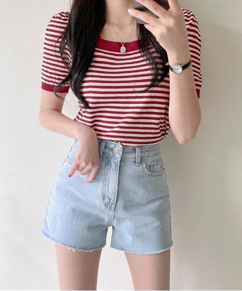 chuu(チュー)の「SONYUNARA ストライプ配色半袖ニット(Tシャツ/カットソー・レディース・ブラック/ベージュ/パープル/ワインレッド・FREE)」の8枚目の写真
