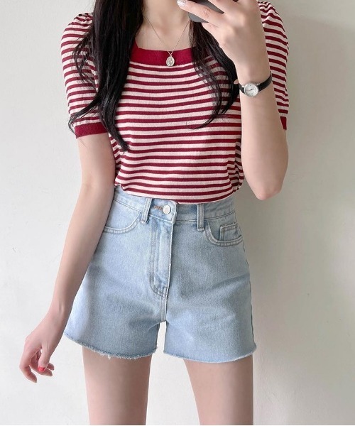 chuu(チュー)の「SONYUNARA ストライプ配色半袖ニット(Tシャツ/カットソー・レディース・ブラック/ベージュ/パープル/ワインレッド・FREE)」の6枚目の写真