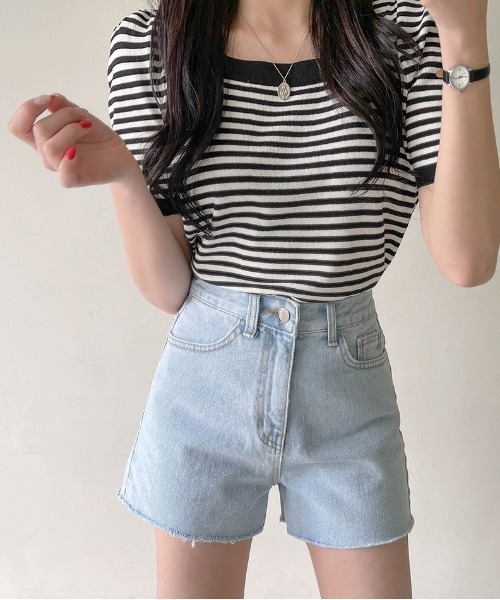 chuu(チュー)の「SONYUNARA ストライプ配色半袖ニット(Tシャツ/カットソー・レディース・ブラック/ベージュ/パープル/ワインレッド・FREE)」の9枚目の写真