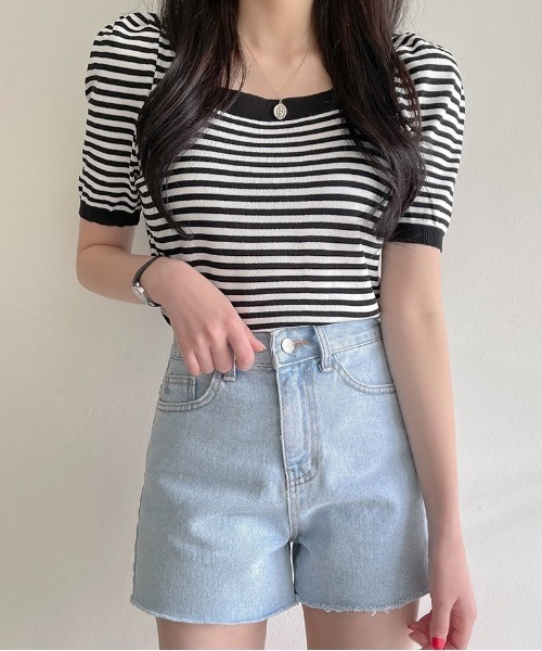 chuu(チュー)の「SONYUNARA ストライプ配色半袖ニット(Tシャツ/カットソー・レディース・ブラック/ベージュ/パープル/ワインレッド・FREE)」の14枚目の写真
