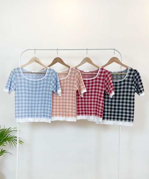 CEMONEMO（セモネモ）の「スクエアネック ギンガムチェック サマーニット（ニット/セーター・レディース・ブラック/スカイブルー/レッド/オレンジ・FREE）」の13枚目の写真