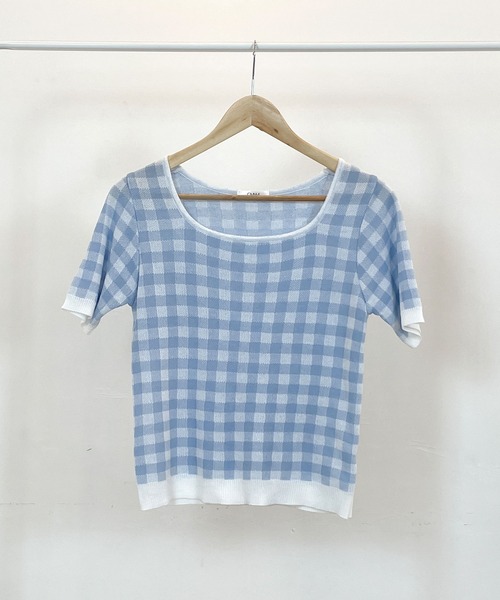 CEMONEMO（セモネモ）の「スクエアネック ギンガムチェック サマーニット（ニット/セーター・レディース・ブラック/スカイブルー/レッド/オレンジ・FREE）」の21枚目の写真