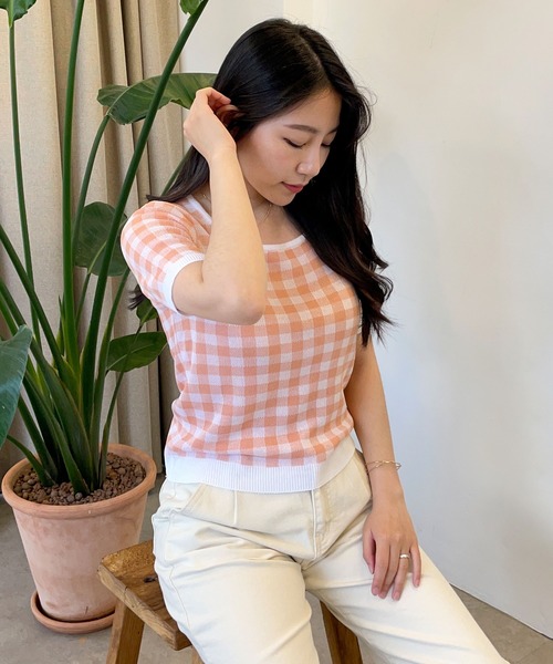fitmore♡スクエアネックチェックチュニック（イエロー） セール】スクエアネックチェックトップス（Tシャツ/カットソー