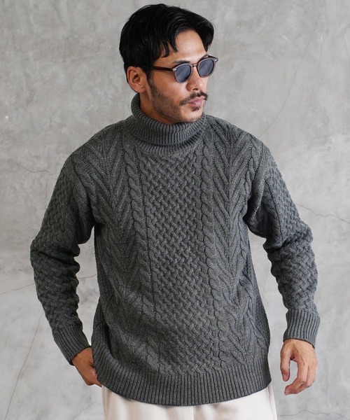 セール】ローゲージ タートルネック フィッシャーマン ケーブルニット