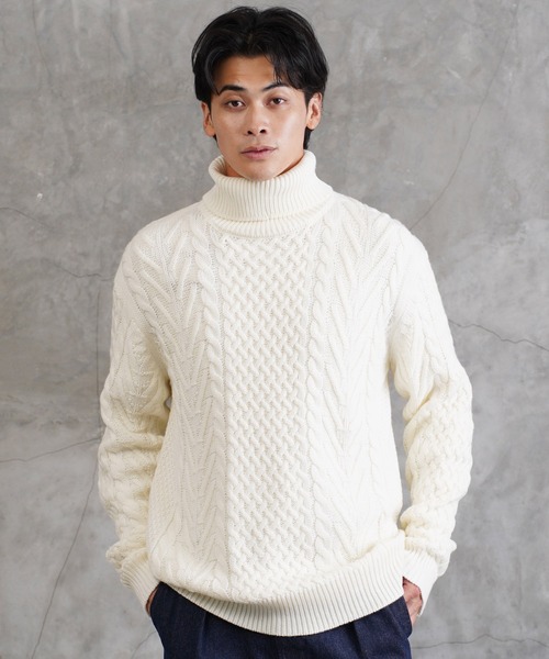 セール】ローゲージ タートルネック フィッシャーマン ケーブルニット