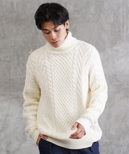 セール】ローゲージ タートルネック フィッシャーマン ケーブルニット