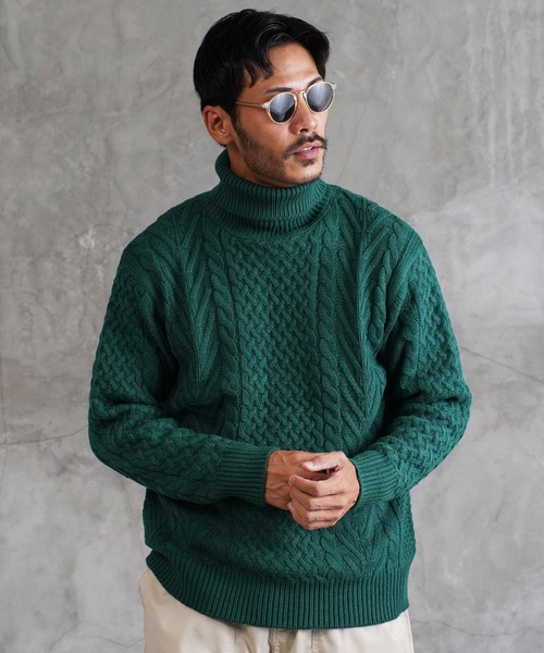 stone ローゲージ　ニットセーター セール】ローゲージ タートルネック フィッシャーマン ケーブルニット