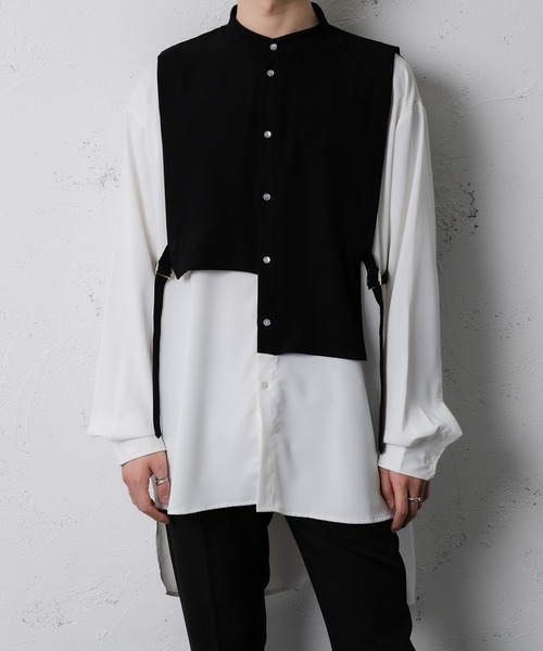 Adoon plain(アドーンプレーン)の「【Adoon plain】レイヤードバンドカラーシャツ(シャツ/ブラウス・メンズ・ホワイト/ベージュ・MEDIUM/LARGE)」の2枚目の写真