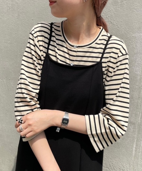 Kastane（カスタネ）の「7分袖テレコボーダーリブチビカーディガン（カーディガン/ボレロ・レディース・ブラック/アイボリー・FREE）」の2枚目の写真