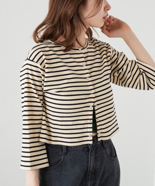 Kastane（カスタネ）の「7分袖テレコボーダーリブチビカーディガン（カーディガン/ボレロ・レディース・ブラック/アイボリー・FREE）」の8枚目の写真