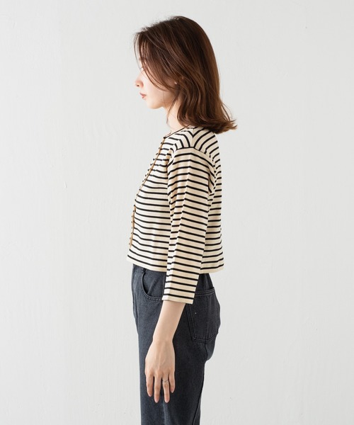 Kastane（カスタネ）の「7分袖テレコボーダーリブチビカーディガン（カーディガン/ボレロ・レディース・ブラック/アイボリー・FREE）」の12枚目の写真