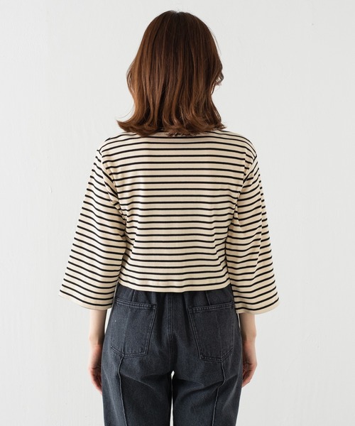 Kastane（カスタネ）の「7分袖テレコボーダーリブチビカーディガン（カーディガン/ボレロ・レディース・ブラック/アイボリー・FREE）」の3枚目の写真