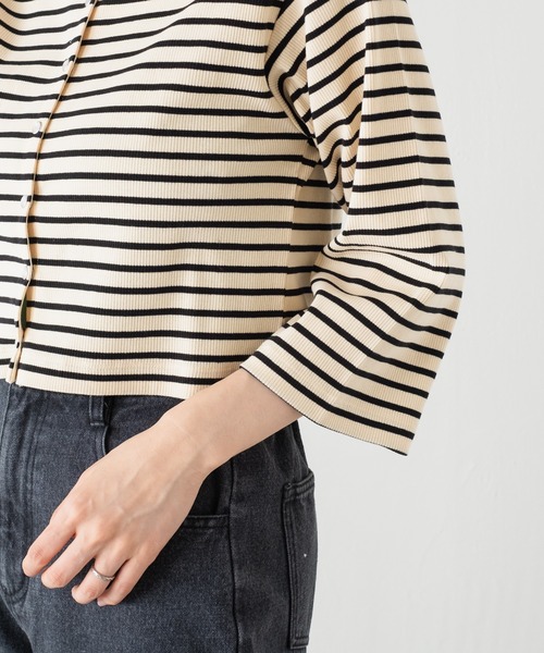 Kastane（カスタネ）の「7分袖テレコボーダーリブチビカーディガン（カーディガン/ボレロ・レディース・ブラック/アイボリー・FREE）」の5枚目の写真