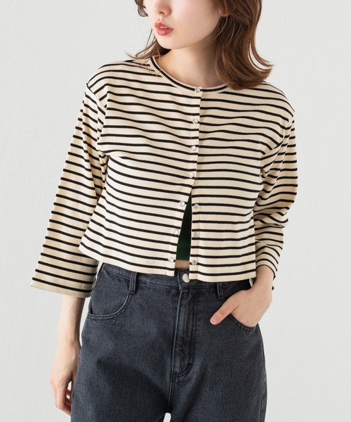 Kastane（カスタネ）の「7分袖テレコボーダーリブチビカーディガン（カーディガン/ボレロ・レディース・ブラック/アイボリー・FREE）」の10枚目の写真