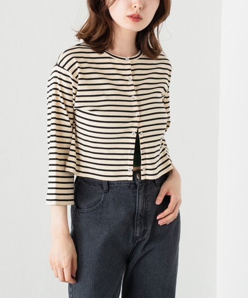 Kastane（カスタネ）の「7分袖テレコボーダーリブチビカーディガン（カーディガン/ボレロ・レディース・ブラック/アイボリー・FREE）」の15枚目の写真