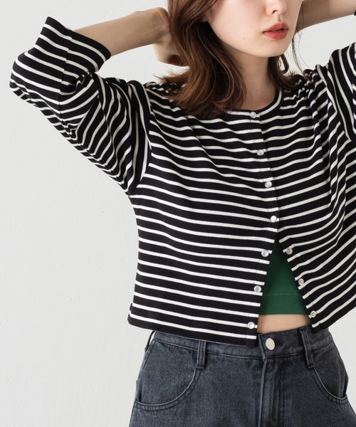 Kastane（カスタネ）の「7分袖テレコボーダーリブチビカーディガン（カーディガン/ボレロ・レディース・ブラック/アイボリー・FREE）」の9枚目の写真