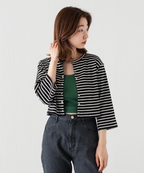 Kastane（カスタネ）の「7分袖テレコボーダーリブチビカーディガン（カーディガン/ボレロ・レディース・ブラック/アイボリー・FREE）」の4枚目の写真