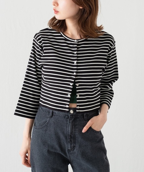 Kastane（カスタネ）の「7分袖テレコボーダーリブチビカーディガン（カーディガン/ボレロ・レディース・ブラック/アイボリー・FREE）」の7枚目の写真