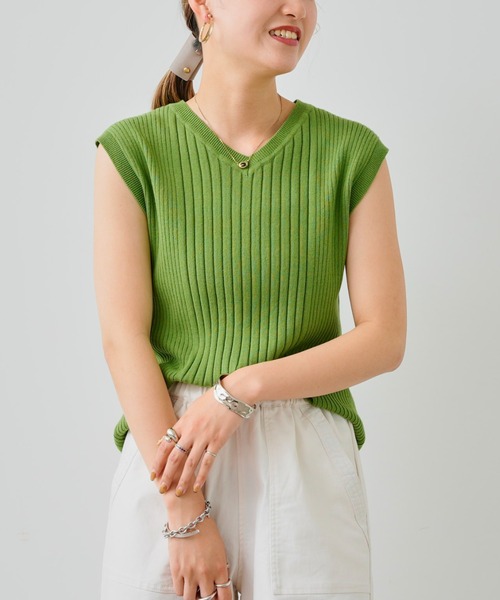 Chez toi（シェトワ）の「イレギュラーピッチコンパクトフレンチスリーブプルオーバー（ニット/セーター・レディース・ブラック/オフホワイト/オレンジ/グリーン・FREE）」の3枚目の写真