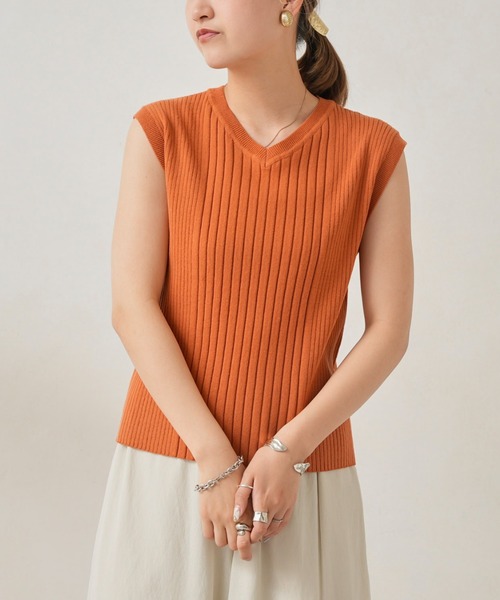 Chez toi（シェトワ）の「イレギュラーピッチコンパクトフレンチスリーブプルオーバー（ニット/セーター・レディース・ブラック/オフホワイト/オレンジ/グリーン・FREE）」の13枚目の写真