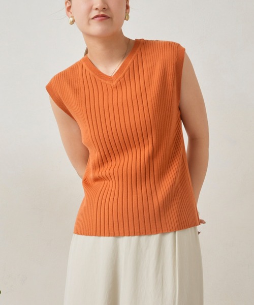 Chez toi（シェトワ）の「イレギュラーピッチコンパクトフレンチスリーブプルオーバー（ニット/セーター・レディース・ブラック/オフホワイト/オレンジ/グリーン・FREE）」の7枚目の写真