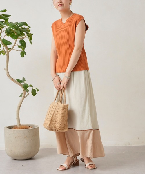 Chez toi（シェトワ）の「イレギュラーピッチコンパクトフレンチスリーブプルオーバー（ニット/セーター・レディース・ブラック/オフホワイト/オレンジ/グリーン・FREE）」の14枚目の写真