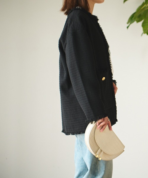 un dix cors（アンディコール）の「華やか洒落見え　ノーカラーツイードジャケット（ノーカラージャケット・レディース・ブラック/オフホワイト・FREE）」の10枚目の写真