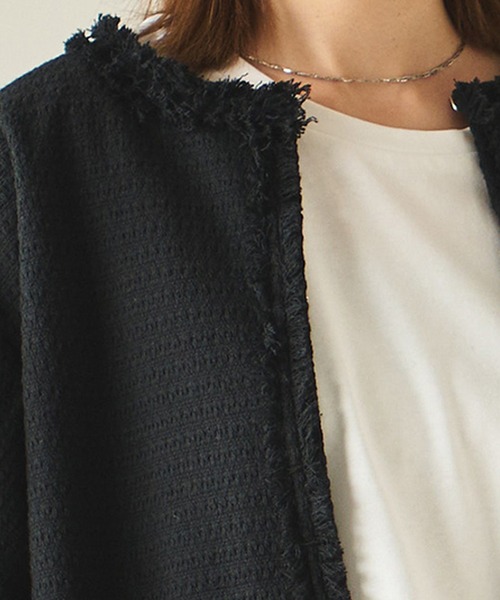 un dix cors（アンディコール）の「華やか洒落見え　ノーカラーツイードジャケット（ノーカラージャケット・レディース・ブラック/オフホワイト・FREE）」の12枚目の写真