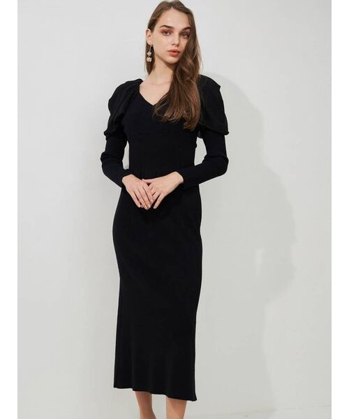 MERCURYDUO（マーキュリーデュオ）の「ウエストリブパワショルニットワンピース（ワンピース・レディース・アイボリー/ブラック/ベージュ/チャコールグレー・SMALL/MEDIUM）」の3枚目の写真