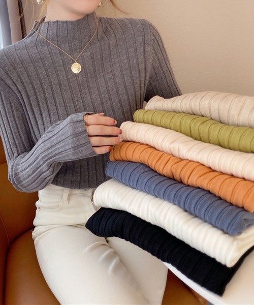 SETUP7(セットアップセブン)の「【SETUP7】ワイドリブモックネックニット SCCH266(ニット/セーター・レディース・ブラック/イエロー/ホワイト/グレー/ブルー/オレンジ/ライトベージュ/グリーン/ベージュ・FREE)」の3枚目の写真