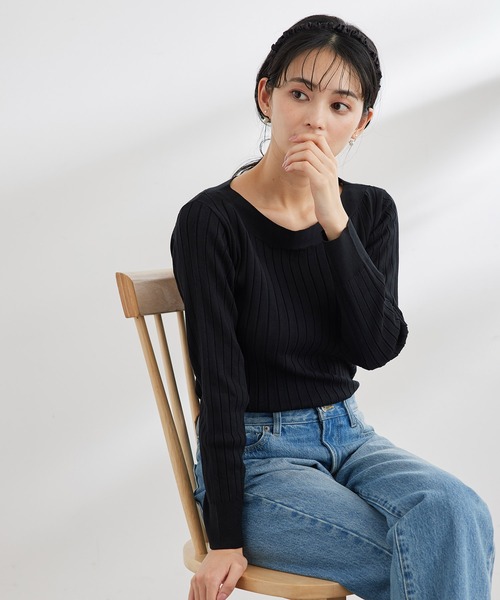 ROPE' PICNIC（ロペピクニック）の「UVケア・洗濯機OK/BIOワイドリブボートネックニットプルオーバー（ニット/セーター・レディース・ブラック/オフホワイト/ブルー/クリーム/ピンク系その他2・38）」の14枚目の写真