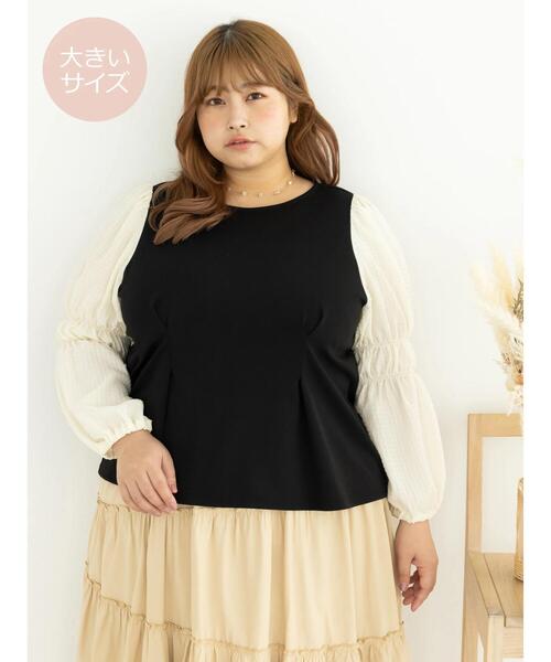 SLURR（スラ―）の「[大きいサイズ]配色スリーブプルオーバー（シャツ/ブラウス・レディース・ブラック/ベージュ・L）」の15枚目の写真