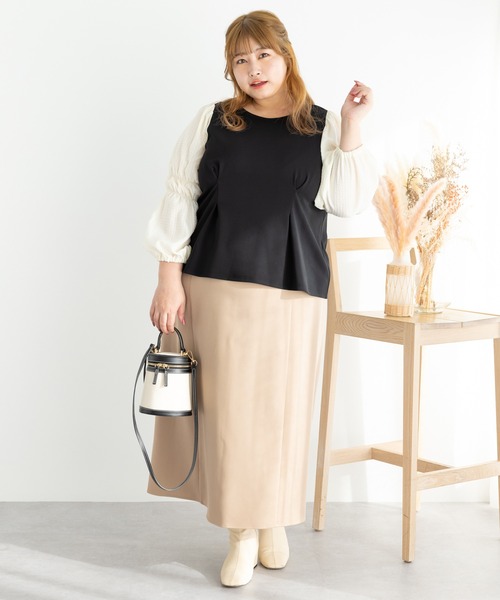 SLURR（スラ―）の「[大きいサイズ]配色スリーブプルオーバー（シャツ/ブラウス・レディース・ブラック/ベージュ・L）」の5枚目の写真