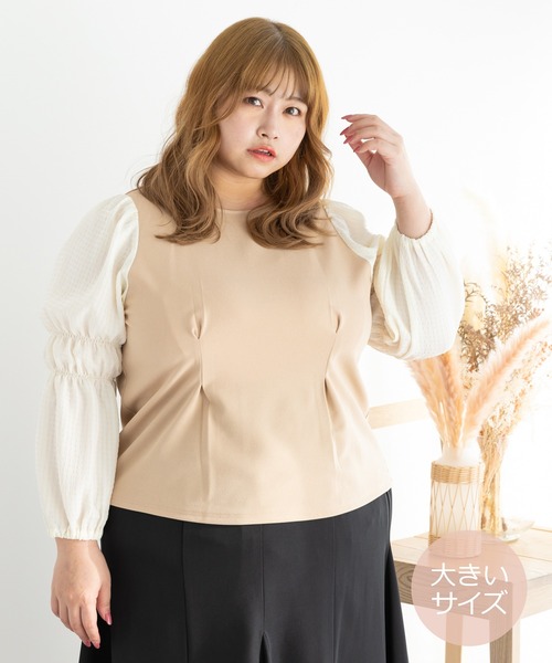 SLURR（スラ―）の「[大きいサイズ]配色スリーブプルオーバー（シャツ/ブラウス・レディース・ブラック/ベージュ・L）」の9枚目の写真