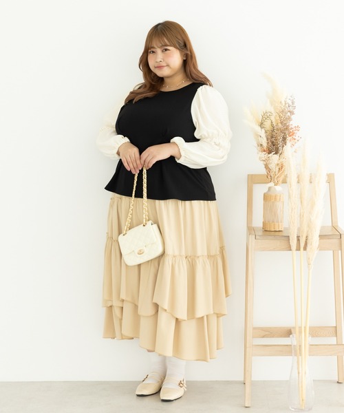 SLURR（スラ―）の「[大きいサイズ]配色スリーブプルオーバー（シャツ/ブラウス・レディース・ブラック/ベージュ・L）」の12枚目の写真