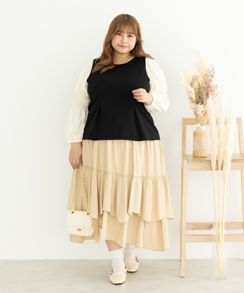 SLURR（スラ―）の「[大きいサイズ]配色スリーブプルオーバー（シャツ/ブラウス・レディース・ブラック/ベージュ・L）」の13枚目の写真