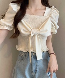 SPIGA | ｼｬｰﾘﾝｸﾞﾌﾛﾝﾄﾘﾎﾞﾝ半袖ﾌﾞﾗｳｽ(シャツ/ブラウス)