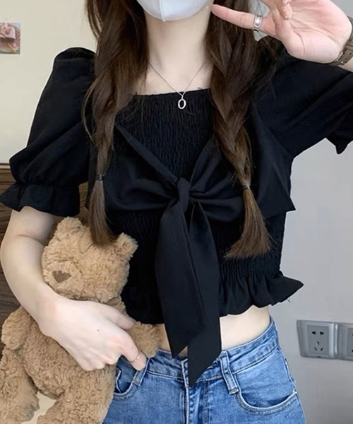 SPIGA（スピーガ）の「ｼｬｰﾘﾝｸﾞﾌﾛﾝﾄﾘﾎﾞﾝ半袖ﾌﾞﾗｳｽ（シャツ/ブラウス・レディース・ブラック/ホワイト/ブルー/ベージュ・FREE）」の3枚目の写真