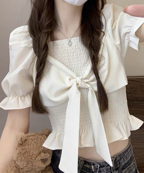 SPIGA（スピーガ）の「ｼｬｰﾘﾝｸﾞﾌﾛﾝﾄﾘﾎﾞﾝ半袖ﾌﾞﾗｳｽ（シャツ/ブラウス・レディース・ブラック/ホワイト/ブルー/ベージュ・FREE）」の5枚目の写真