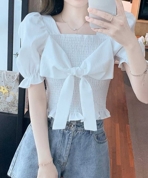 SPIGA（スピーガ）の「ｼｬｰﾘﾝｸﾞﾌﾛﾝﾄﾘﾎﾞﾝ半袖ﾌﾞﾗｳｽ（シャツ/ブラウス・レディース・ブラック/ホワイト/ブルー/ベージュ・FREE）」の12枚目の写真