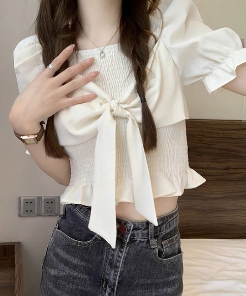 SPIGA（スピーガ）の「ｼｬｰﾘﾝｸﾞﾌﾛﾝﾄﾘﾎﾞﾝ半袖ﾌﾞﾗｳｽ（シャツ/ブラウス・レディース・ブラック/ホワイト/ブルー/ベージュ・FREE）」の9枚目の写真