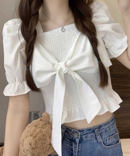 SPIGA（スピーガ）の「ｼｬｰﾘﾝｸﾞﾌﾛﾝﾄﾘﾎﾞﾝ半袖ﾌﾞﾗｳｽ（シャツ/ブラウス・レディース・ブラック/ホワイト/ブルー/ベージュ・FREE）」の8枚目の写真