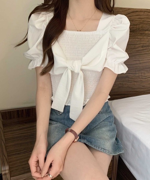 SPIGA（スピーガ）の「ｼｬｰﾘﾝｸﾞﾌﾛﾝﾄﾘﾎﾞﾝ半袖ﾌﾞﾗｳｽ（シャツ/ブラウス・レディース・ブラック/ホワイト/ブルー/ベージュ・FREE）」の7枚目の写真