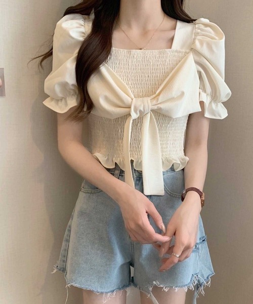 SPIGA（スピーガ）の「ｼｬｰﾘﾝｸﾞﾌﾛﾝﾄﾘﾎﾞﾝ半袖ﾌﾞﾗｳｽ（シャツ/ブラウス・レディース・ブラック/ホワイト/ブルー/ベージュ・FREE）」の10枚目の写真