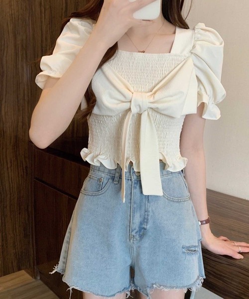 SPIGA（スピーガ）の「ｼｬｰﾘﾝｸﾞﾌﾛﾝﾄﾘﾎﾞﾝ半袖ﾌﾞﾗｳｽ（シャツ/ブラウス・レディース・ブラック/ホワイト/ブルー/ベージュ・FREE）」の11枚目の写真