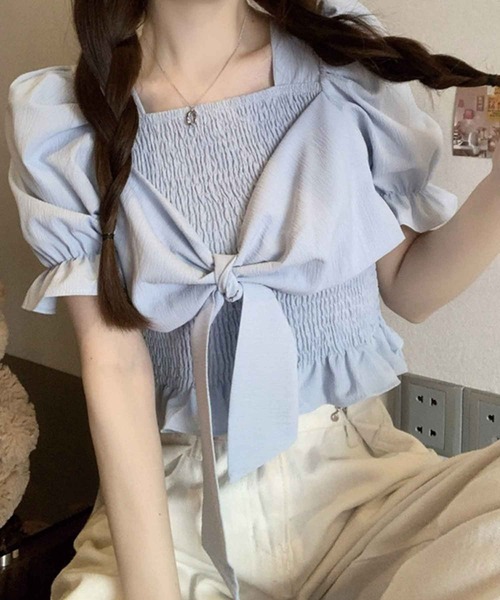 SPIGA（スピーガ）の「ｼｬｰﾘﾝｸﾞﾌﾛﾝﾄﾘﾎﾞﾝ半袖ﾌﾞﾗｳｽ（シャツ/ブラウス・レディース・ブラック/ホワイト/ブルー/ベージュ・FREE）」の13枚目の写真