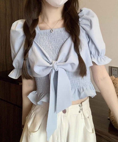 SPIGA（スピーガ）の「ｼｬｰﾘﾝｸﾞﾌﾛﾝﾄﾘﾎﾞﾝ半袖ﾌﾞﾗｳｽ（シャツ/ブラウス・レディース・ブラック/ホワイト/ブルー/ベージュ・FREE）」の14枚目の写真