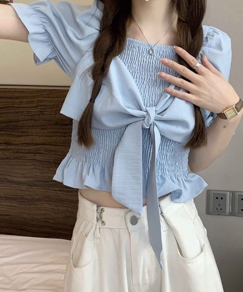 SPIGA（スピーガ）の「ｼｬｰﾘﾝｸﾞﾌﾛﾝﾄﾘﾎﾞﾝ半袖ﾌﾞﾗｳｽ（シャツ/ブラウス・レディース・ブラック/ホワイト/ブルー/ベージュ・FREE）」の15枚目の写真